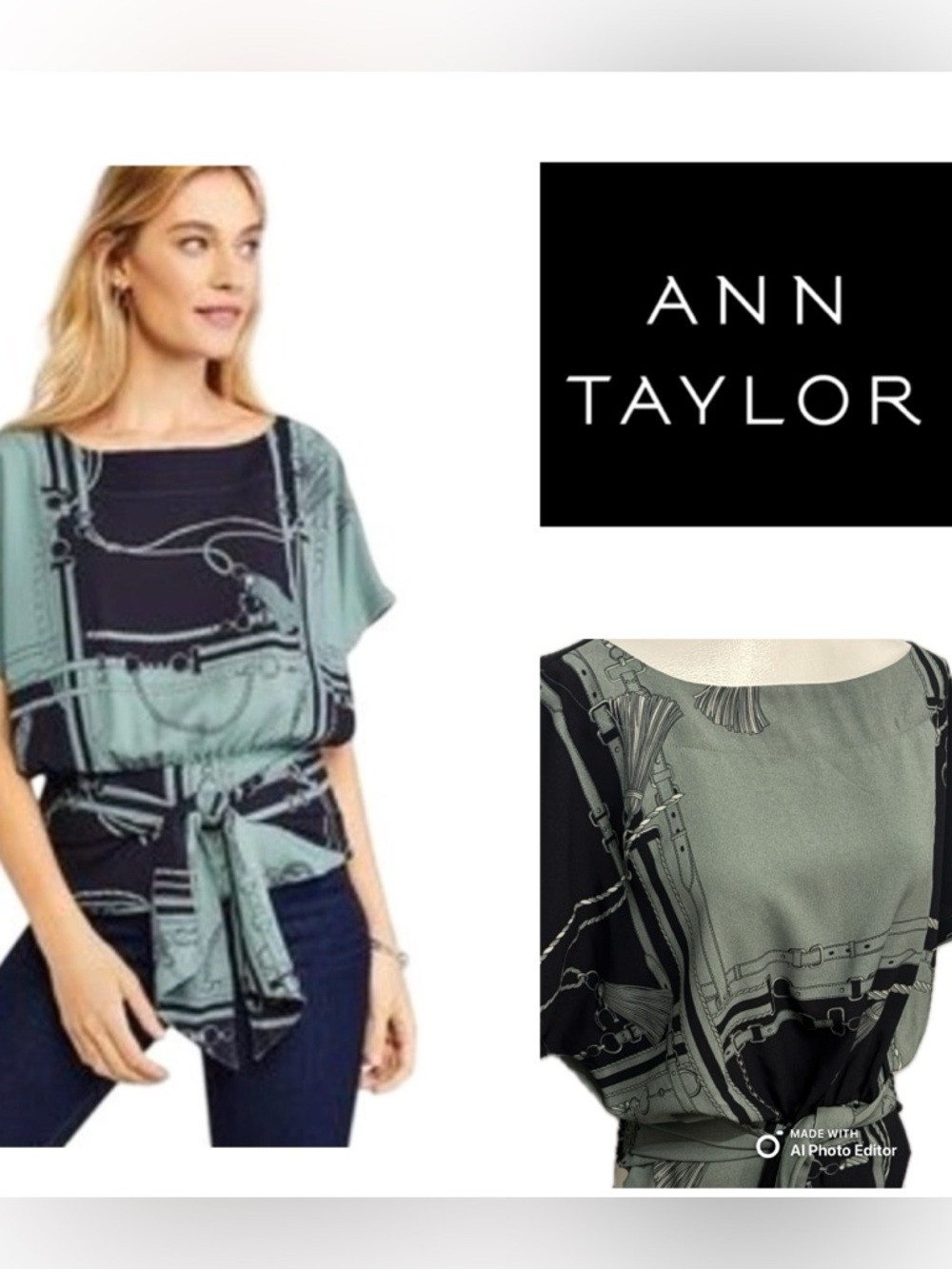 Ann Taylor Blue and Sage Green Printed Kimono Tie-Front Blouse